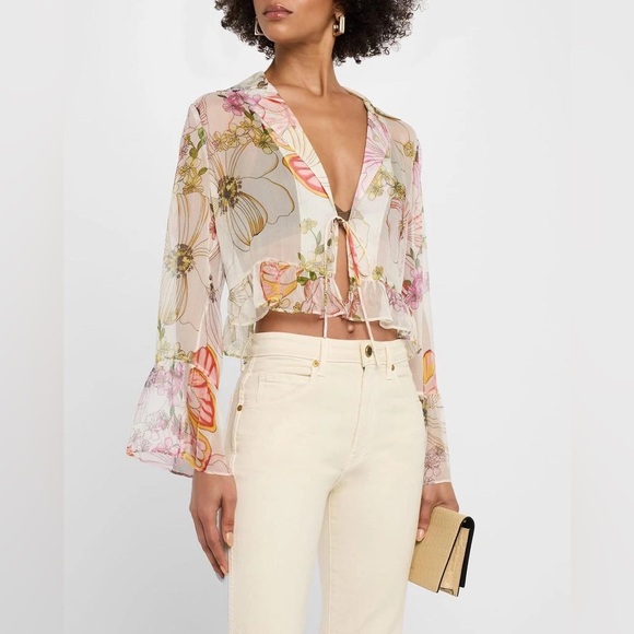 Johnny Was Katriz Floral Tie-Front Sheer Blouse Bell Sleeves Romantic Boho XL